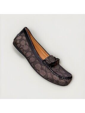 Coach Womens 7.5 B Signature C Jacquard Black Leather Loafers Driving Shoes